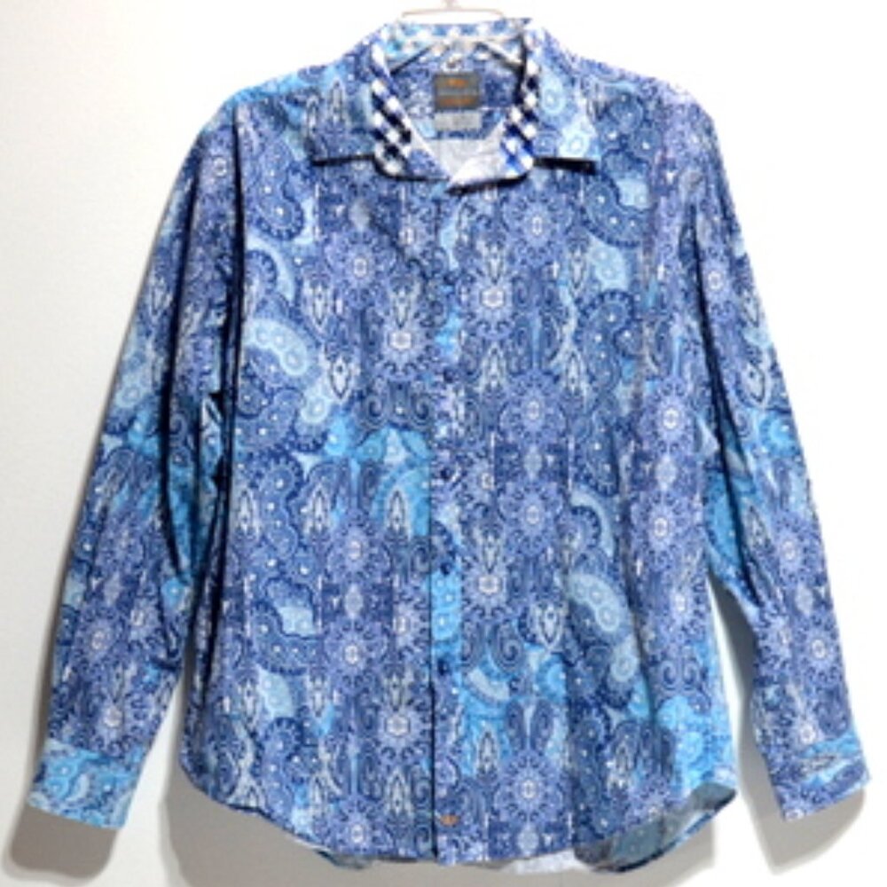 Thomas Dean Men’s Blue Paisley Print Button Down Long Sleeve Shirt – Size: Large